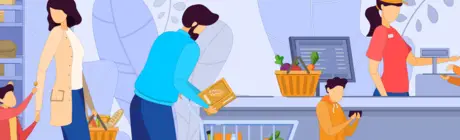 Supermarkt met mensen die boodschappen en geld besparen door middel van aanbiedingen